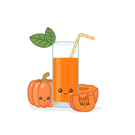 pumpkin juice. Cute kawai smiling cartoon juice with slices in a glass with juice straw.のイラスト素材