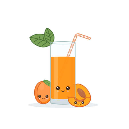 apricot juice. Cute kawai smiling cartoon juice with slices in a glass with juice straw.のイラスト素材