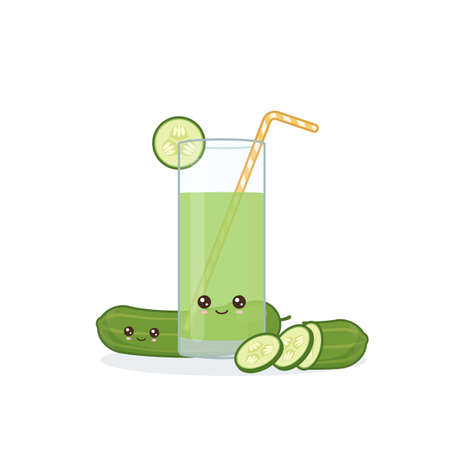 cucumber juice. Cute kawai smiling cartoon juice with slices in a glass with juice straw.のイラスト素材