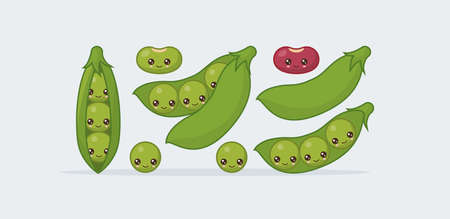 Set peas in a pod, bean. Cute kawaii smiling food. Vector illustrationのイラスト素材