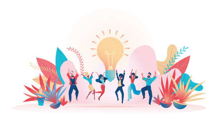 Business team are jumping with happiness. Metaphor of team idea. Group victory concept. Vector flat...