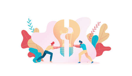 Two people connect the puzzle light bulb. Metaphor of the search for ideas. The concept of team office work, collaboration, brainstorming. Vector flat illustration.のイラスト素材