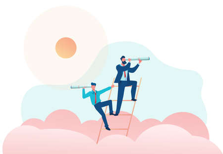 Businessmen behind clouds stand on stairs and look into distance through shameful pipe. Business opportunity search metaphor. Development concept, investment search. Vector flat illustrationのイラスト素材