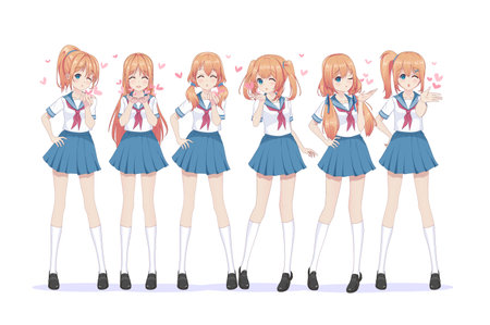 Anime manga schoolgirls in a sailor suit send air kisses. Valentine's day card. Vector illustrationのイラスト素材