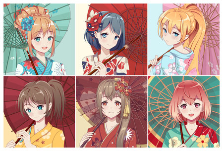 Set of cute anime characters avatar. In kimono and an umbrella. cartoon girls and boys portraits. Colorful hand drawn illustration collectionのイラスト素材
