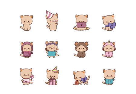 Set isolated cute kitty kawaii chibi style. cat character. vector illustrationのイラスト素材