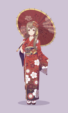 Anime manga girls in traditional Japanese kimono costume holding paper umbrella. Vector illustration on isolated backgroundのイラスト素材