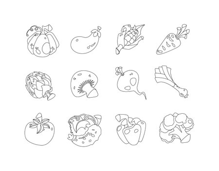 Vegetables products line icon vector illustrations big set. Fresh organic food ingredient pack of flat objects isolated on white backgroundのイラスト素材