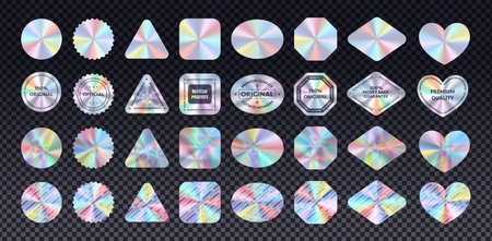 Holographic retro futuristic stickers realistic vector icons set. Illustrations with iridescent foil on transparent background. Original product labelsのイラスト素材