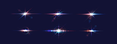 Color light flashes realistic vector illustration set. Glowing sparks in deep space 3d elements on transparent background. Sci-fi templateのイラスト素材