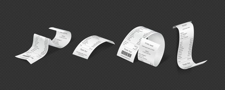 Financial checks for goods realistic vector illustration set. Bills for orders payment templates. Financial receipts 3d on transparent backgroundのイラスト素材