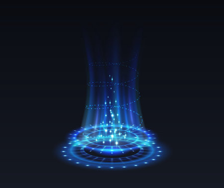 Opening of teleport podium realistic vector illustration. Magical aura light effect 3d elements on black background. Fantasy design template,Opening of teleport podium realistic vector illustration. Magical aura light effect 3d elements on black background. Fantasy design templateのイラスト素材