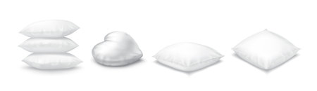 Bedding pillows of different shapes realistic vector illustration set. Cushions for domestic interior decor 3d models on white background. Cozy homeのイラスト素材