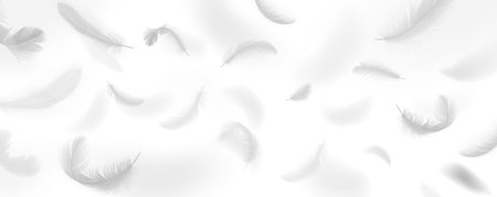 Flying plumage pattern realistic vector illustration. Floating quills. Weightless bird feathers 3d design elements on white backgroundのイラスト素材