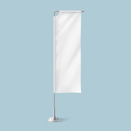 Flattering blank textile flag on metal pole stand realistic vector illustration. Fabric business table banner waved by wind 3d model on blue backgroundのイラスト素材