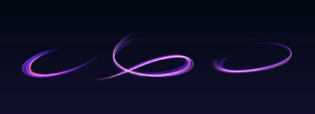 Curved glowing light lines realistic vector illustration set. Sparkling motion traces 3d elements on black background. Laser design templateのイラスト素材