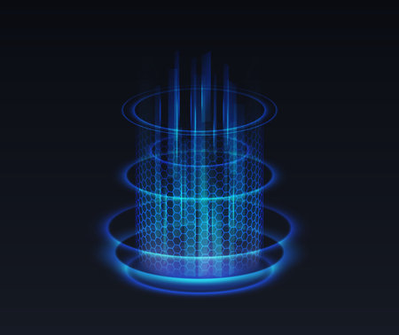 Opening of teleport podium realistic vector illustration. Magical aura light effect 3d elements on black background. Fantasy design templateのイラスト素材