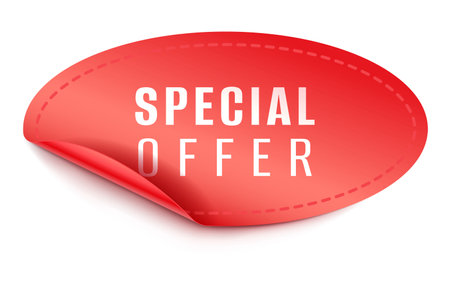 Special Offer red sticker realistic vector illustration. Oval advertising badge banner 3d models on white background. Business dealのイラスト素材