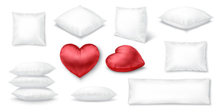 Soft fluffy bed pillows realistic vector illustration set. Bedroom cushions 3d models on white background. Bedding accessories assortmentのイラスト素材
