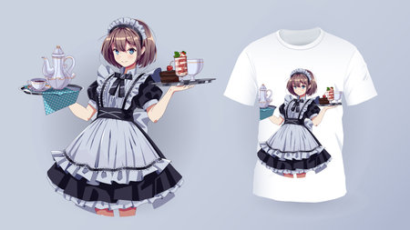 Pretty maid cafe girl and t-shirt print vector template. Kawaii anime woman holding desserts and coffee character for clothes decor. Japanese artのイラスト素材
