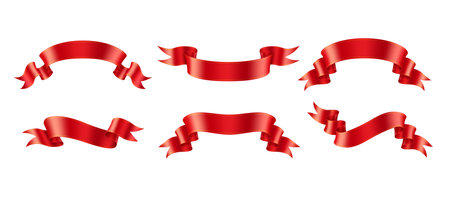Holiday red satin ribbons realistic vector illustration set. Classic ornaments for design 3d models on white background. Promo labelのイラスト素材
