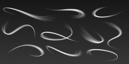 Bright light lines realistic vector illustration set. Abstract moving neon traces 3d elements on black background. Physics effect templateのイラスト素材