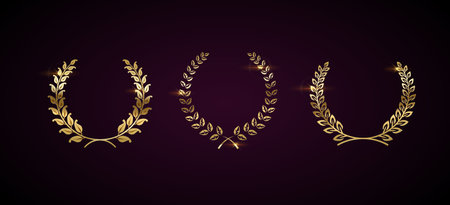 Glaring golden laurel wreaths realistic vector illustration set. Premium rewards for champion 3d models on dark background. Honor signのイラスト素材
