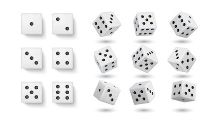 White gambling dices realistic vector illustration set. Cubes with dot numbers on sides 3d elements on white background. Casino gameのイラスト素材