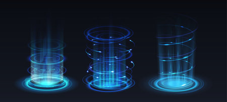 Level up in video-game realistic vector illustration set. Flashing light effects of portals 3d elements on black background. Technology template,Level up in video-game realistic vector illustration set. Flashing light effects of portals 3d elements on black background. Technology templateのイラスト素材