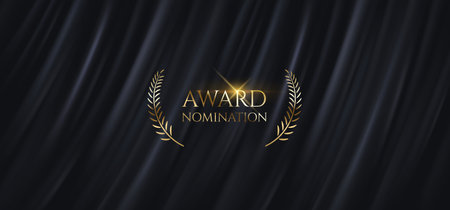 Golden text Award nomination with laurel branches realistic vector illustration. Victory in business and art contests symbol on black curtain backgroundのイラスト素材