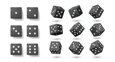 Black gambling dices realistic vector illustration set. Cubes with dot numbers on sides 3d elements on white background. Casino gameのイラスト素材