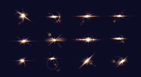 Golden light sparkles realistic vector illustration set. Bright color stars flashes in cosmos 3d elements on dark blue background. Glaring tracesのイラスト素材