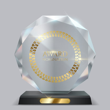 Crystal award trophy with golden engraving realistic vector illustration. Premium reward for best performer 3d model on light backgroundのイラスト素材