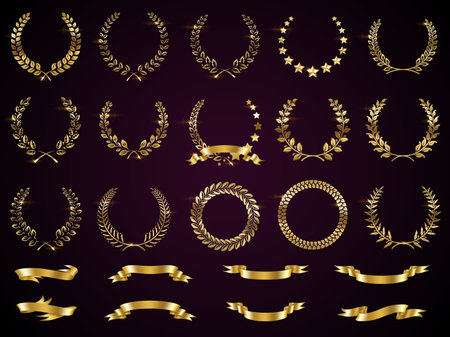 Golden laurel wreaths with ribbons realistic vector illustration set. Luxury reward for winner 3d models on dark background. Honor symbolのイラスト素材