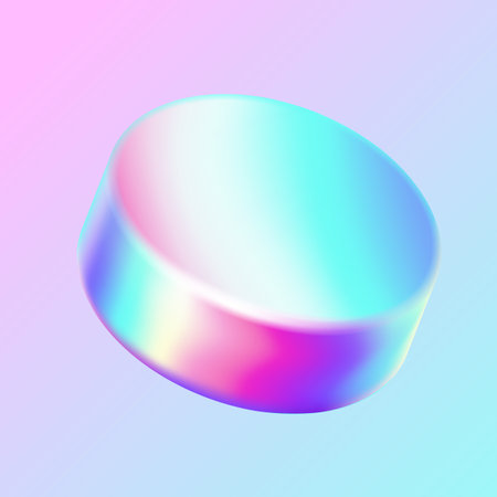 Holographic washer geometric shape realistic vector illustration. Shiny iridescent cylinder trendy design. Glossy 3d object on purple backgroundのイラスト素材