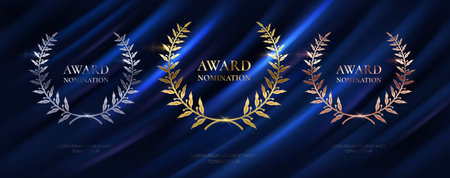 Laurel wreathes for award nominations realistic vector illustration set. Golden silver and bronze prizes 3d models on blue curtain backgroundのイラスト素材
