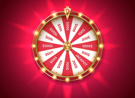 Pink fortune wheel at backlight color realistic vector illustration. Gambling game chances. Casino roulette 3d object on rouge backgroundのイラスト素材