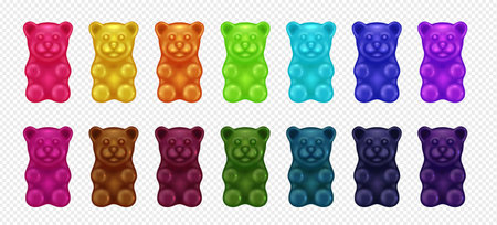 Gummy bears of different tastes 3d realistic vector illustration set. Chewing vitamins creative design. Candy animals on transparent backgroundのイラスト素材
