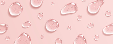 Collagen gel with bubbles drops realistic vector illustration pattern. Anti aging moisturizing skincare product 3d objects on pink backgroundのイラスト素材