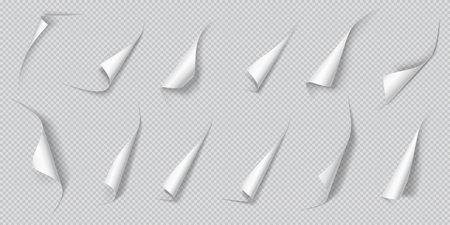 Curled paper sheets corners realistic vector illustration set. Office supplies. Flipping notebook pages 3d models on transparent backgroundのイラスト素材