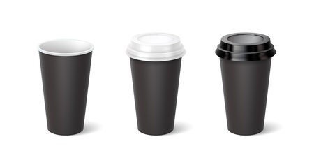 Black mockup cups 3d realistic vector illustration set. Hot drinks containers design template. Take away coffee on white backgroundのイラスト素材