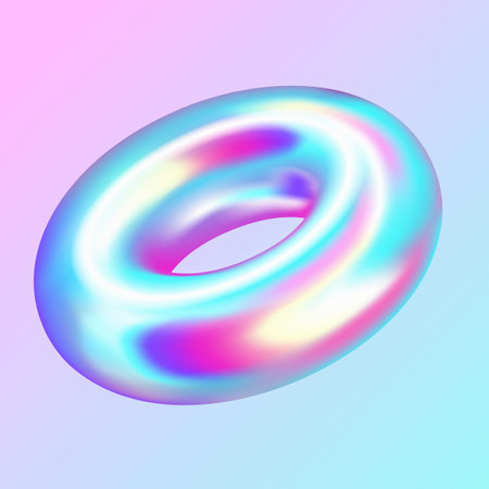 Glaring bagel realistic vector illustration. Iridescent cubical geometric shape trendy design. Metallic 3d object on purple backgroundのイラスト素材