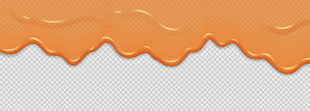 Caramel drip flow. Oil, honey, caramel, maple syrup or sauce splash wave, Liquid texture with droplet, isolated on transparent background. Vector 3D illustrationのイラスト素材