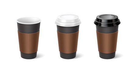 Hot coffee cups with sleeves 3d realistic vector illustration set. Disposal mugs with plastic lids design. Take away drinks on white backgroundのイラスト素材