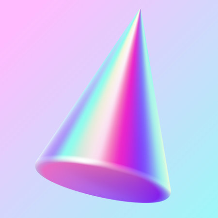Shimmering holographic cone figure realistic vector illustration. Iridescent geometric shape trendy design. Conical 3d object on purple backgroundのイラスト素材