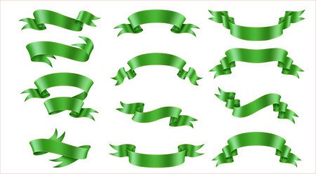 Glaring green silk ribbons realistic vector illustration set. Luxury decorative design elements 3d models on white background. Holiday artのイラスト素材
