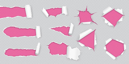 Holes in torn papers over pink backdrop realistic vector illustration set. Damaged sheets borders 3d objects on transparent background collectionのイラスト素材