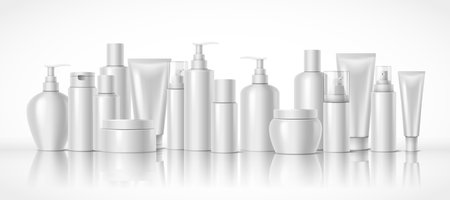 Various cosmetic products packages realistic vector illustration set. Refillable containers with copy space 3d objects on white backgroundのイラスト素材