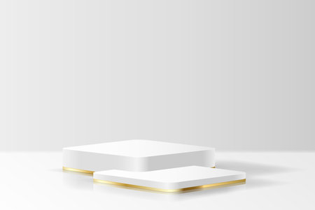 Square promo podium realistic vector illustration. Empty showcase platform. Products advertising design 3d object on white backgroundのイラスト素材