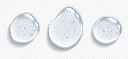 Collagen gel clear drops realistic vector illustration set. Cosmetic serum spots. Anti aging skincare product 3d objects on transparent backgroundのイラスト素材